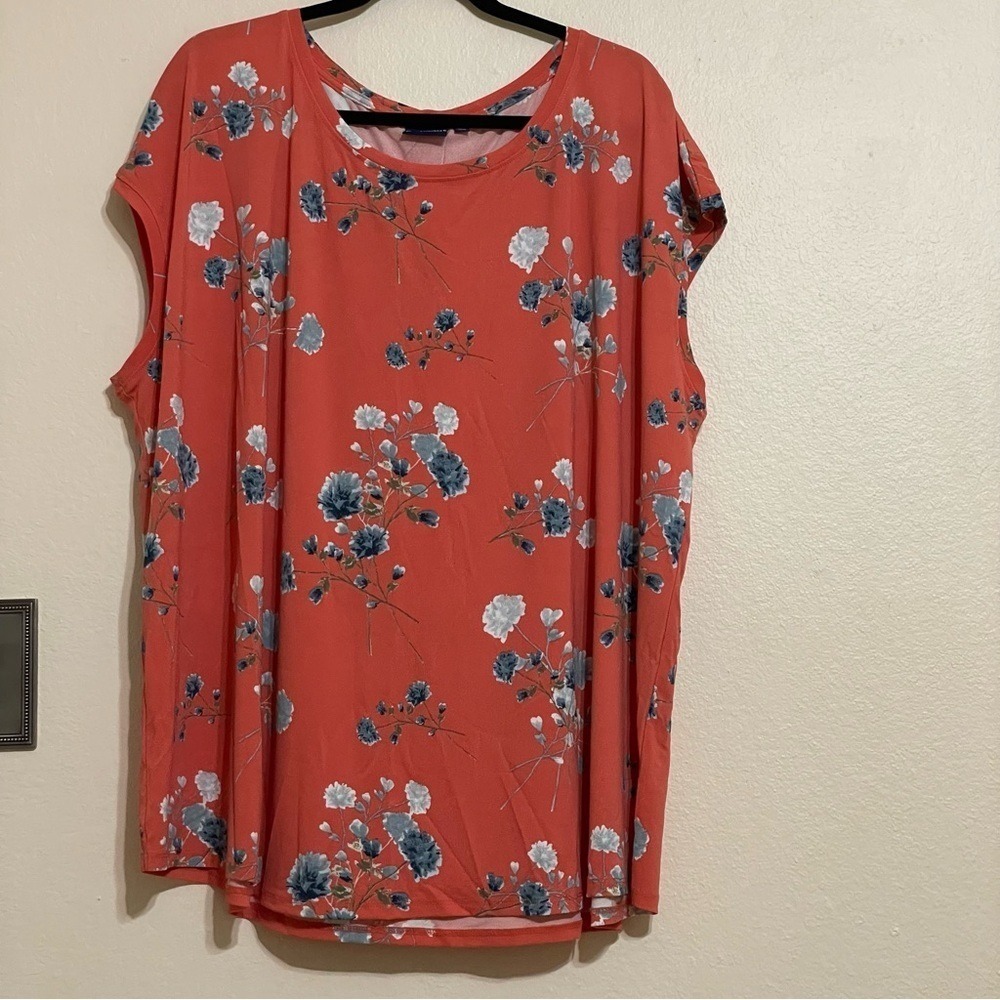 Northcrest Floral Blouse‎ Cap Sleeve 4X Coral Orange Blue Botanical Print Top